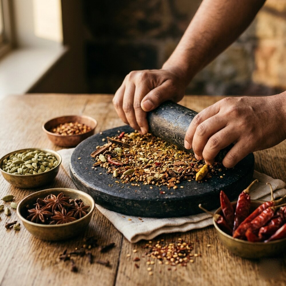 Whole spices ground by hand on a stone