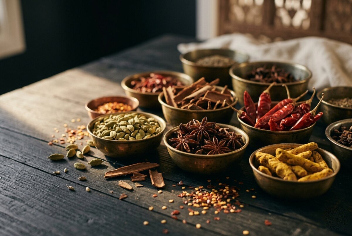Whole spices in brass bowls on a timber table