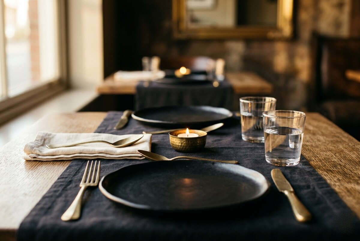 A table laid for two, brass and black stoneware